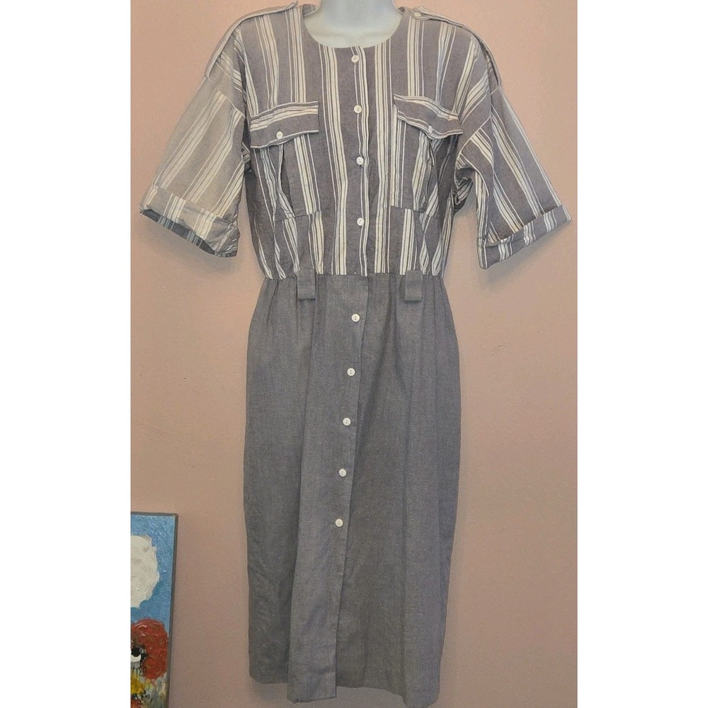 vintage 80s Periwinkle Day Dress belt Loops Grey Striped Size 10 Made In Usa